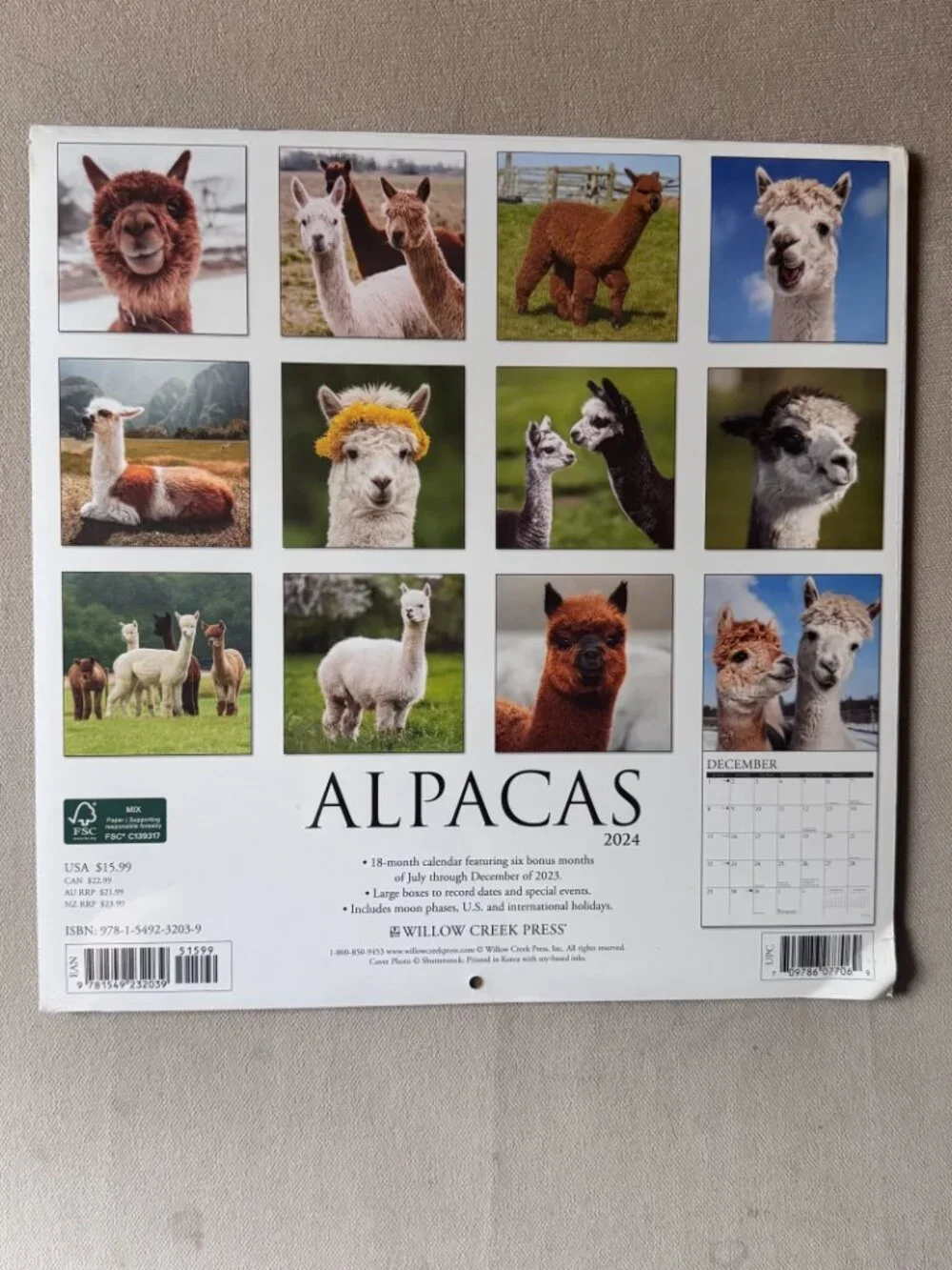 ALPACAS 2024 Calendar - Brand New Sealed - Great for Framing + Scrap Booking